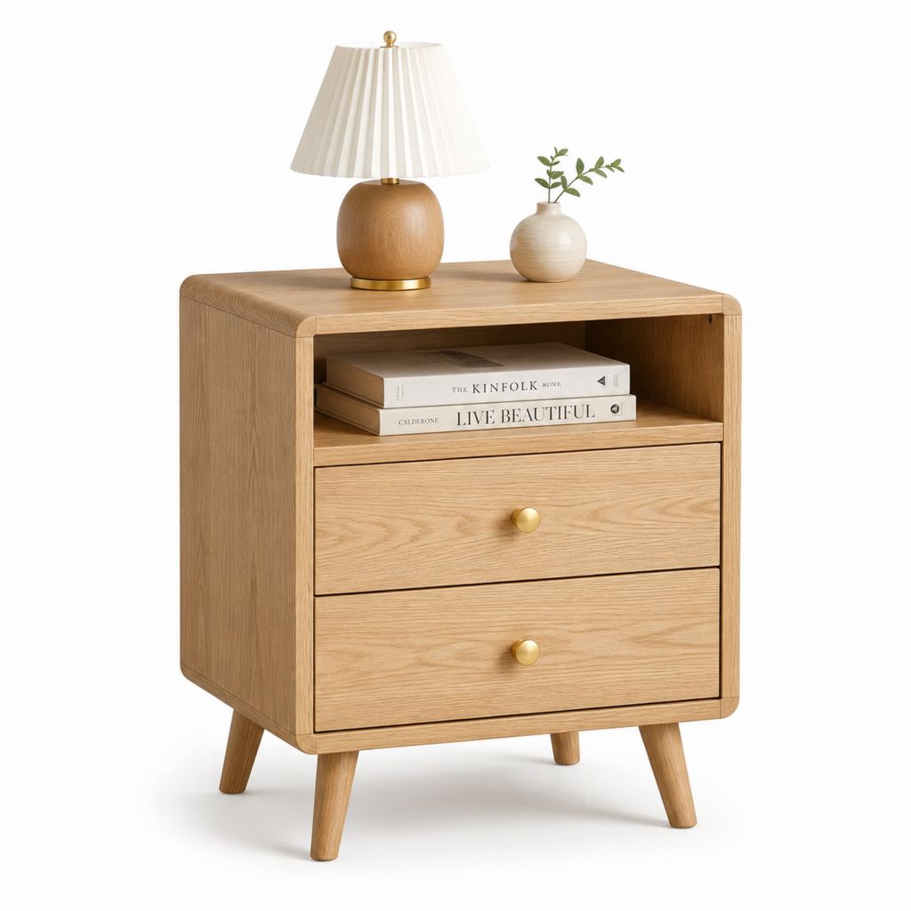 Comodino rettangolare in rovere naturale con 2 cassetti e vano aperto 50 x 40 x 65 cm