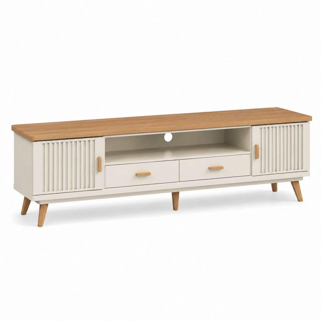 Mobile TV con 2 ante e 2 cassetti bianco crema e rovere 160 x 40 x 55 cm