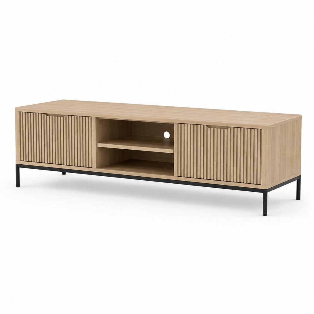 Mobile TV 180 cm rovere chiaro in MDF con ante scanalate e struttura in acciaio nero