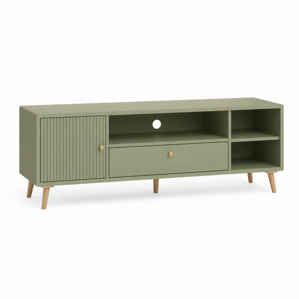 Mobile TV verde salvia in MDF rettangolare con cassetto e vani 140 x 40 x 60 cm