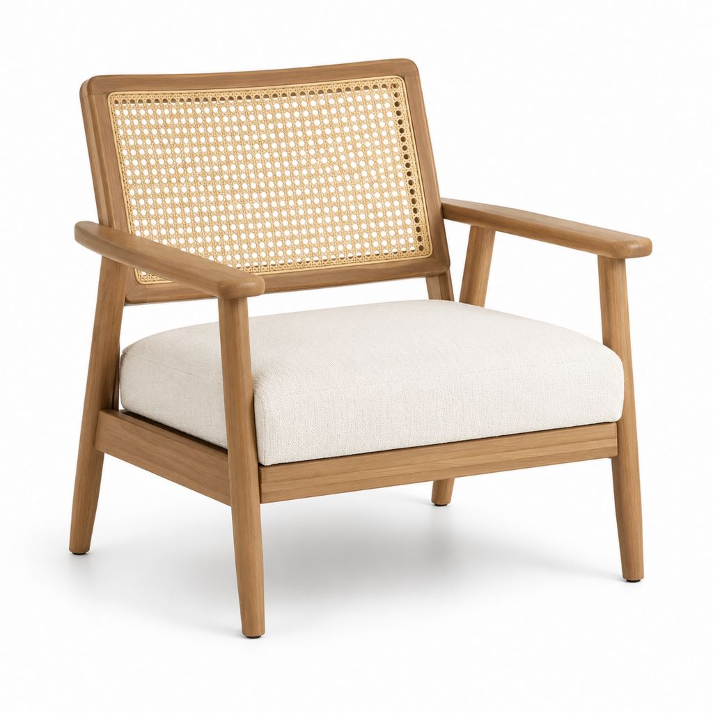 Poltrona da soggiorno naturale in legno massello di acacia con schienale in rattan e seduta avorio 70 x 75 x 80 cm