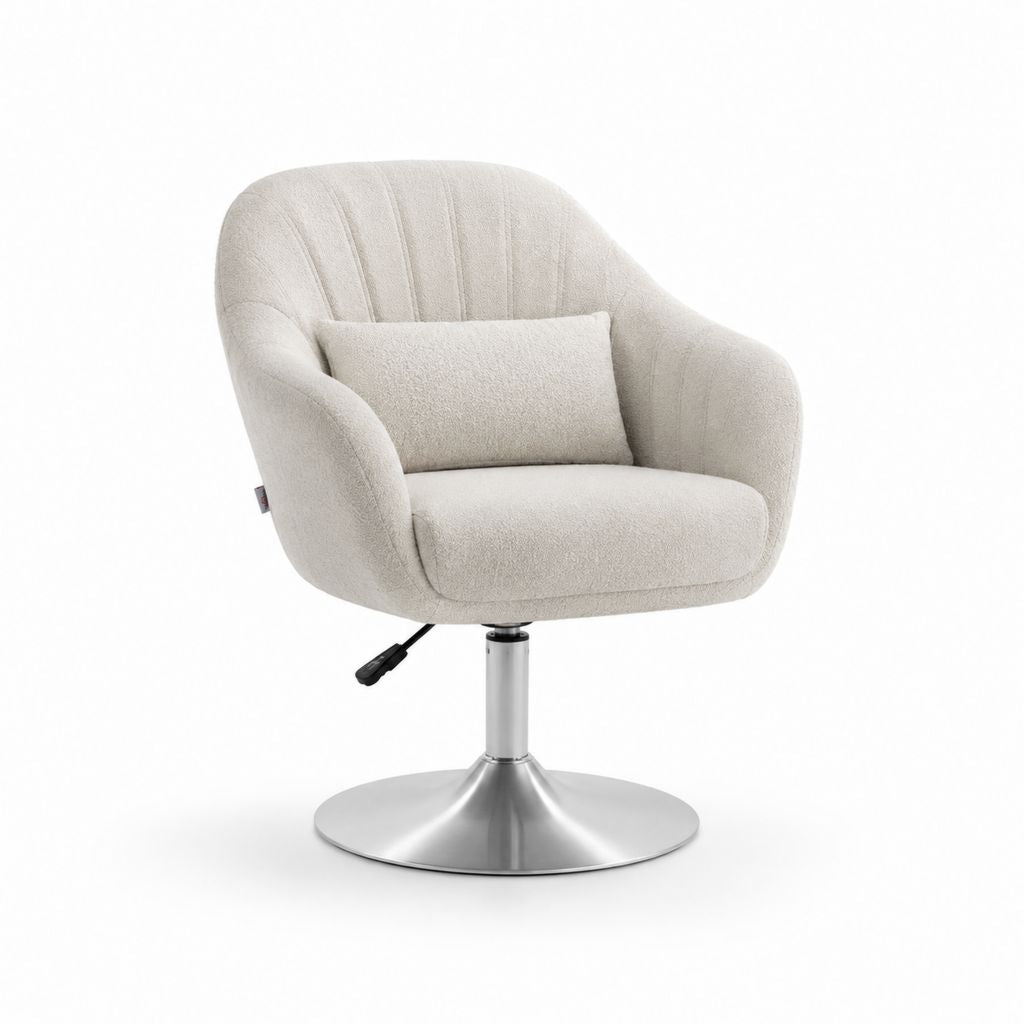 Poltrona girevole regolabile beige in poliestere bouclé con base rotonda in acciaio cromato 68 x 70 x 82-94 cm