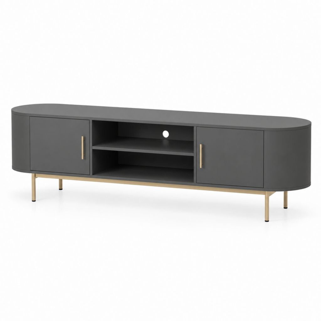 Mobile TV basso grigio antracite in MDF con estremità arrotondate 180 x 40 x 55 cm con 2 ante e passacavi
