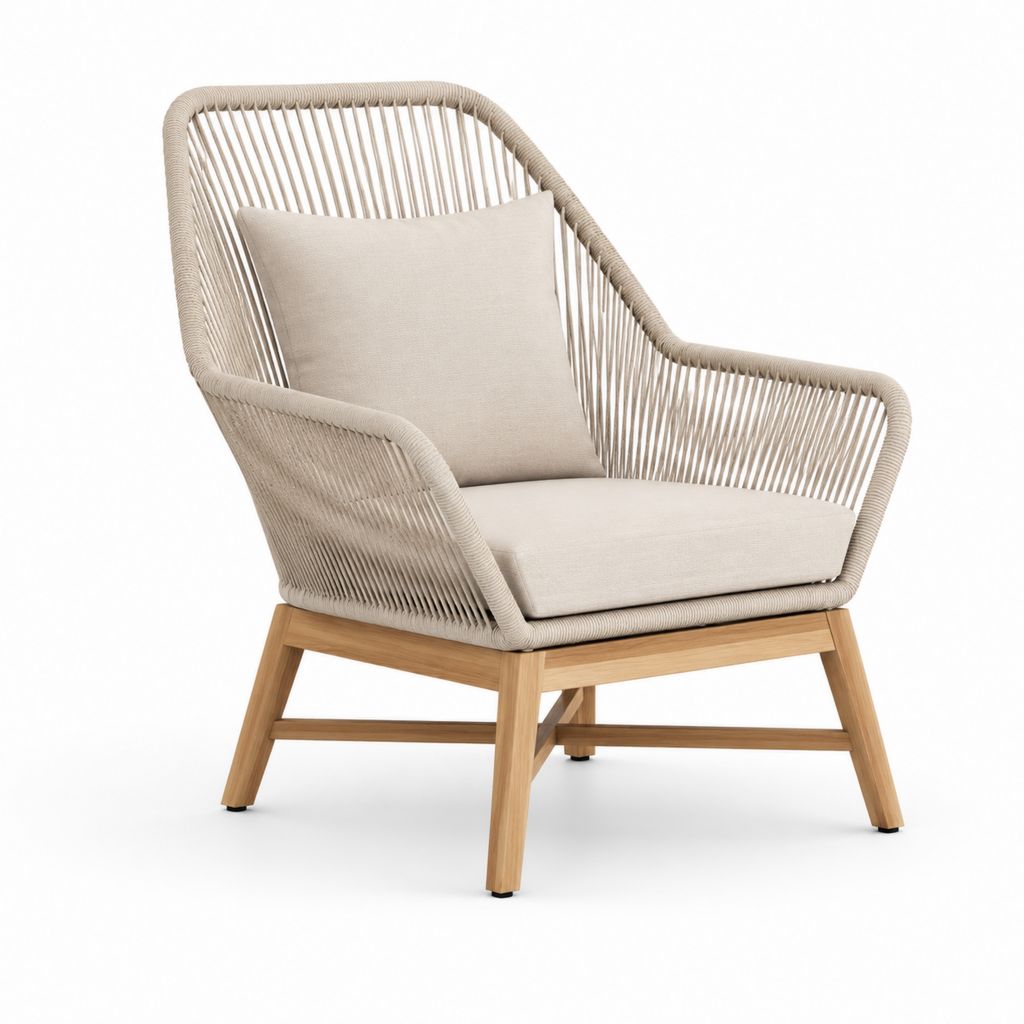 Poltrona da giardino beige con struttura in teak e corda in polipropilene 75 x 85 x 92 cm