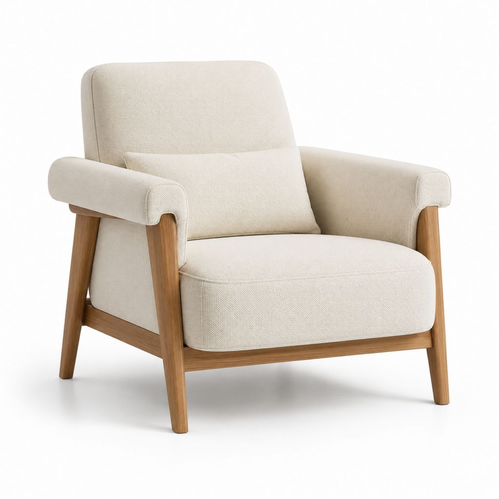 Poltrona da soggiorno beige in poliestere con struttura in rovere massello 78 x 82 x 88 cm