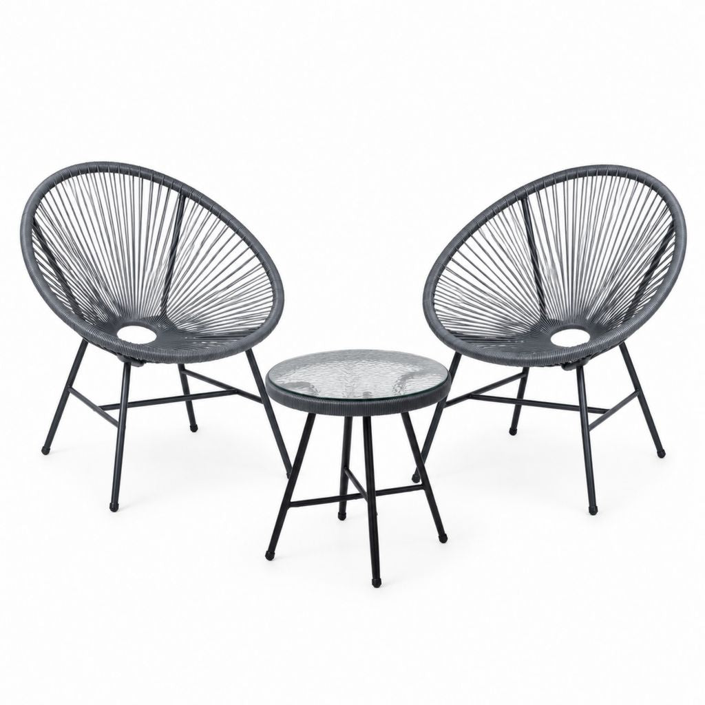 Set da giardino 2 sedie Acapulco e tavolino nero in acciaio PE e vetro 72 x 80 x 85 cm