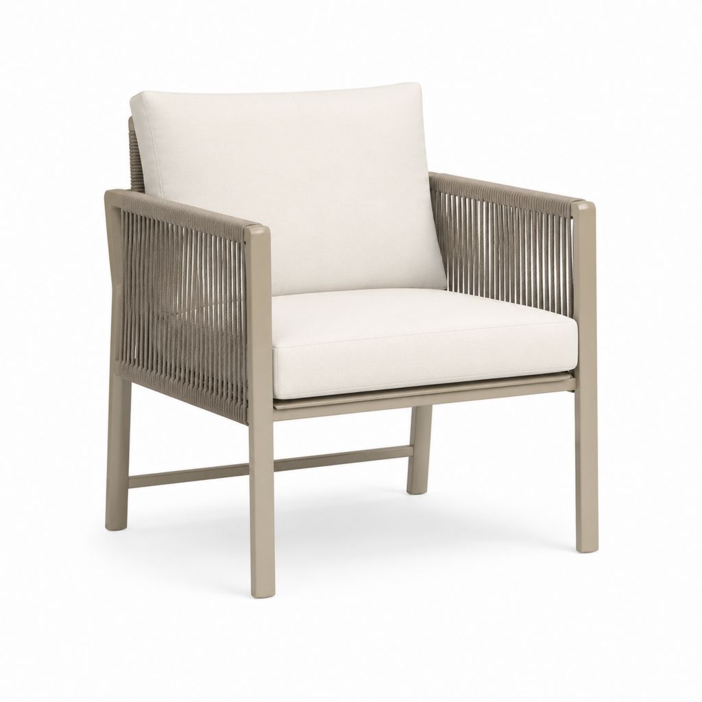 Poltrona da giardino con braccioli beige ecrù in alluminio e corda sintetica 68 x 75 x 75 cm